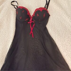 delicates Black Slip Nightdress with Red Lace Accents